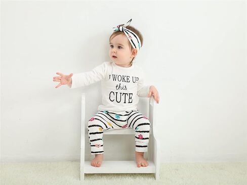 KuKitty 3Pcs Baby Girl Outfits Set Long Sleeve T-Shirt Tops Flowers Pants with Headband in Saudi Arabia