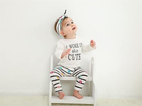 KuKitty 3Pcs Baby Girl Outfits Set Long Sleeve T-Shirt Tops Flowers Pants with Headband in Saudi Arabia