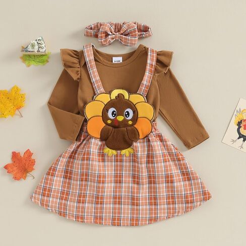 Newborn Baby Girl Fall Winter Outfits Thanksgiving Christmas Outfit Long Sleeve Romper Suspender Skirt Set 3Pcs in Saudi Arabia