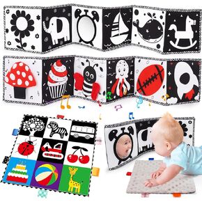 Black and White High Contrast Baby Toys 0-6-12 Months Soft Sensory Books Newborn Toys 0-3 Months Tummy Time Montessori Toys for Babies Brain Development Baby Essentials Infant Book Mirror Shower Gifts