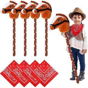 Poen 8 Pcs Light Brown Horse Stick with Sound Red Bandana Set 27.6'' Toys Stick Horse Western Cowboy Bandana Horse Head Stick with Neighing Sound for Boys Girls Fun Pretend Games Son Daughter in Saudi Arabia