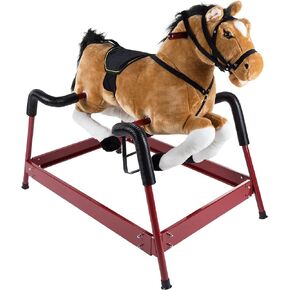 Spring Rocking Horse Plush Ride on Toy with Adjustable Foot Stirrups and Sounds for Toddlers to 5 Years Old by Happy Trails - Brown