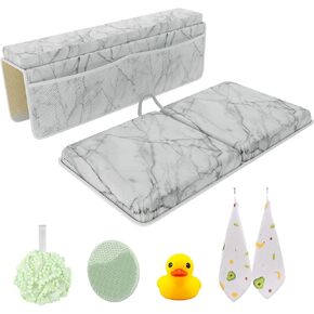 Bath Kneeler and Elbow Kneeling Rest Pad Set for Baby Bathing – Waterproof Soft Memory Foam Mat Organizer Pockets Quick Drying Foldable Non-Slip for Baby & Toddler Bath Time Toys Sponge Cloth (Blue)