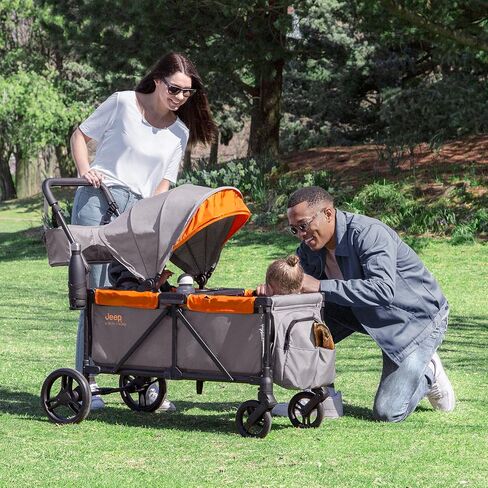 Jeep Sport All-Terrain Stroller Wagon by Delta Children - Includes Canopy, Parent Organizer, Adjustable Handlebar, Snack Tray & Cup Holders, Grey/Olive Green in Saudi Arabia