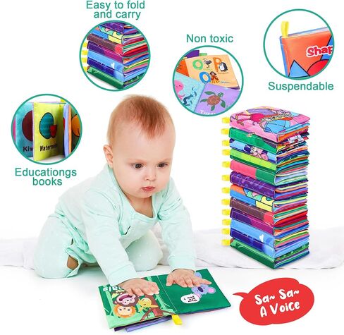 Toyk Baby Bath Books, Nontoxic Fabric Soft Baby Cloth Books (Pack of 8) | Early Education Giftable, Washable Baby Books for Toddler, Infants Crinkle Squeaky Shower Toy, Kids Bath Toys Birthday Gift in Saudi Arabia