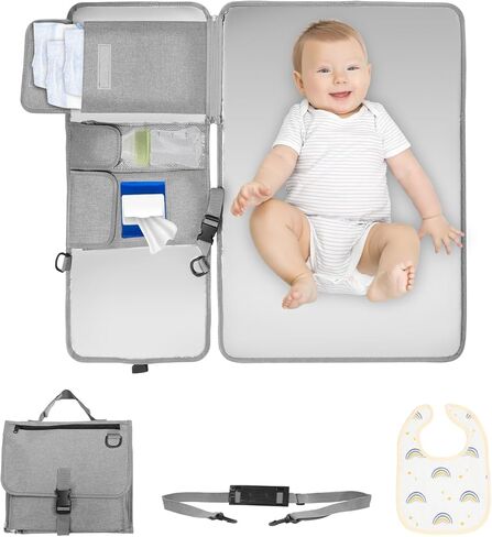 Athradies Portable Diaper Changing Pad, Baby Changing Pad for Newborn Girls & Boys, Foldable Changing Mat with Wipes Pocket, Travel Changing Station, Waterproof, Gift Baby Shower, with A Drool Cloth in Kuwait
