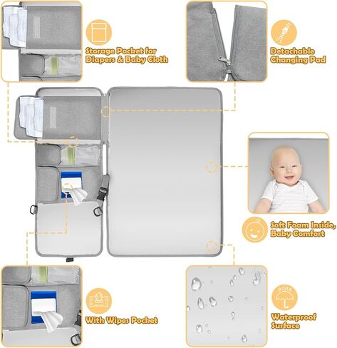 Athradies Portable Diaper Changing Pad, Baby Changing Pad for Newborn Girls & Boys, Foldable Changing Mat with Wipes Pocket, Travel Changing Station, Waterproof, Gift Baby Shower, with A Drool Cloth in Kuwait