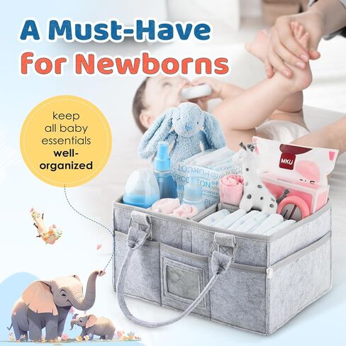 Kidtion Diaper Caddy Organizer for Baby Essentials, Newborn Essetials Must Haves, Baby Registry Search and Other Baby Stuff, Collapsible Baby Basket with Handle and a Photo Frame, Gray (L) in Kuwait