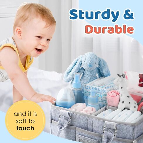 Kidtion Diaper Caddy Organizer for Baby Essentials, Newborn Essetials Must Haves, Baby Registry Search and Other Baby Stuff, Collapsible Baby Basket with Handle and a Photo Frame, Gray (L) in Kuwait