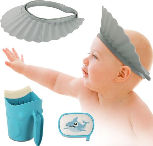 LuQiBabe Baby Shower Cap with Rinse Cup and Bath Sponge - All-in-One Bathing Essentials for Gentle and Fun Baby Baths - White Shower Cap & Geen Rinse Cup & Turtle Bath Sponge in Kuwait