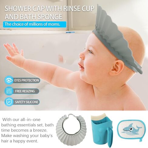 LuQiBabe Baby Shower Cap with Rinse Cup and Bath Sponge - All-in-One Bathing Essentials for Gentle and Fun Baby Baths - White Shower Cap & Geen Rinse Cup & Turtle Bath Sponge in Kuwait