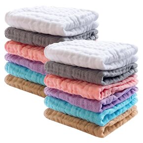 SWEET DOLPHIN 12 Pack Baby Muslin Washcloths - Soft Face Cloths for Newborn, Absorbent Bath Wash Cloths, Wipes, Burp Rag - Toddlers Essentials Stuff, Baby Registry as Shower -10"x10", Brown