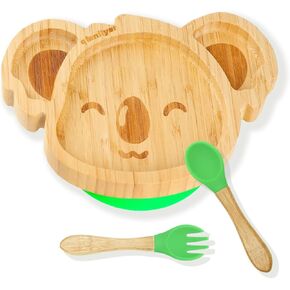 أطباق أطفال كوالا صغيرة رائعة من الخيزران من تشيانليير مع كوب شفط من السيليكون وملعقة وشوكة - مجموعة أطباق خشبية مقسمة للأطفال الصغار للفطام بقيادة الطفل - مستلزمات تغذية خالية من مادة BPA وغير سامة (أخضر) in Kuwait