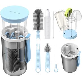 Baby Essential Travel Bottle Cleaner Kit with Silicone Bottle Brush，Built-in Snap-on Drying Rack，Silicone Nipple-Shaped Brush，2 Straw Brushes，Bottle Soap Dispenser，Bottle Warmer Bowl.（Yellow）