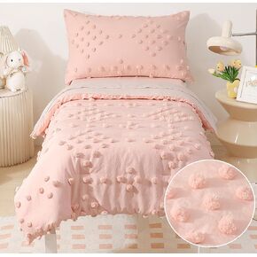 4 Piece Boho Toddler Bedding Sets for Girls Pink Comforter Set Soft Jacquard Tufted Crib Toddler Bed Sheets Set for Baby Bedroom Set, Include Comforter, Flat Sheet, Fitted Sheet, Pillowcase