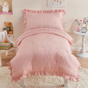 Cozyholy 4 Piece Textured Seersucker Toddler Bedding Set Girls Crib Sheets Set Gray Purple Ruffle Bed Comforter Set Lightweight Bed in a Bag | Include Comforter, Flat Sheet, Fitted Sheet, Pillowcase