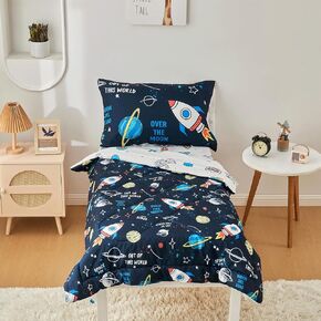 beeweed 4 Pieces Dinosaur Toddler Bedding Set Boys Girls, 2 Sides Design Bed in a Bag Comforter Set, includes 1 Comforter, 1 Fitted Sheet, 1 Flat Sheet and 1 Reversible Pillowcase