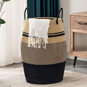 YOUDENOVA 105L Extra Large Woven Laundry Hamper Basket with Heavy Duty Cotton Rope Handles for Clothes and Toys in Bedroom, Nursery Room, Bathroom, Collapsible, Grey