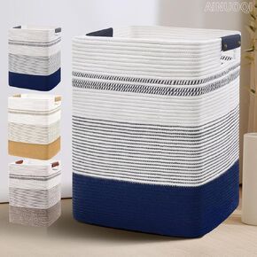 Large Laundry Basket - Tall Woven Rope Laundry Hamper with Leather Handles - Dirty Clothes hamper for Living room, Bedroom, 17.8" X 13.8" X 22", Dark Blue & White