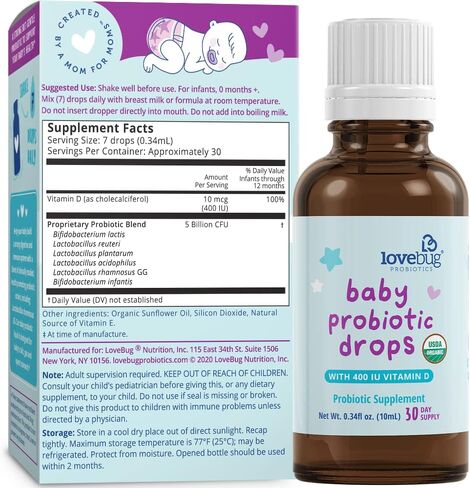 LOVEBUG Baby Probiotic Drops - Organic Probiotics for Immune Support and Baby Constipation & Colic Relief - Tasteless & Sugar-Free Liquid Drops for Newborns, Babies & Infants (0-12 Months) - 10ml in Saudi Arabia