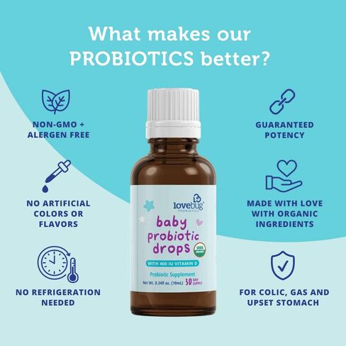 LOVEBUG Baby Probiotic Drops - Organic Probiotics for Immune Support and Baby Constipation & Colic Relief - Tasteless & Sugar-Free Liquid Drops for Newborns, Babies & Infants (0-12 Months) - 10ml in Saudi Arabia