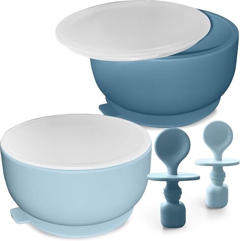 Suction Bowl with Lids and Spoons, Extra Strong Baby Suction Bowls, Baby Bowls 0-6 Months, Infant Babies & Toddler, BPA Free Baby Bowls, Silicone Baby Feeding Set, Baby Feeding Essentials in Kuwait