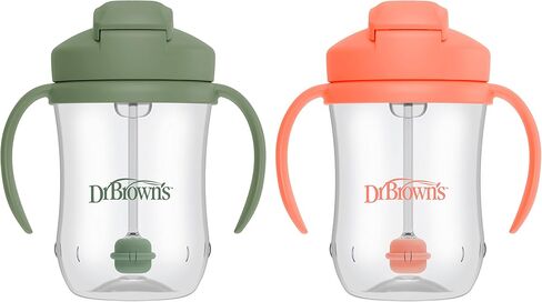 Dr. Brown's Milestones Baby’s First Straw Cup, Training Cup with Weighted Straw & Milestones Narrow Sippy Straw Bottle with 100% Silicone Handles, 8oz/250mL, Gray & Green, 2 Pack, 6m+ in Saudi Arabia