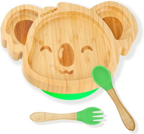 أطباق أطفال كوالا صغيرة رائعة من الخيزران من تشيانليير مع كوب شفط من السيليكون وملعقة وشوكة - مجموعة أطباق خشبية مقسمة للأطفال الصغار للفطام بقيادة الطفل - مستلزمات تغذية خالية من مادة BPA وغير سامة (أخضر) in Kuwait