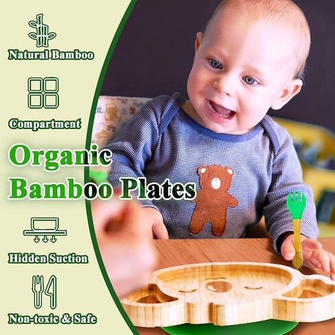 أطباق أطفال كوالا صغيرة رائعة من الخيزران من تشيانليير مع كوب شفط من السيليكون وملعقة وشوكة - مجموعة أطباق خشبية مقسمة للأطفال الصغار للفطام بقيادة الطفل - مستلزمات تغذية خالية من مادة BPA وغير سامة (أخضر) in Kuwait