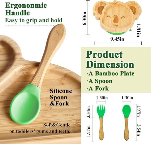 أطباق أطفال كوالا صغيرة رائعة من الخيزران من تشيانليير مع كوب شفط من السيليكون وملعقة وشوكة - مجموعة أطباق خشبية مقسمة للأطفال الصغار للفطام بقيادة الطفل - مستلزمات تغذية خالية من مادة BPA وغير سامة (أخضر) in Kuwait