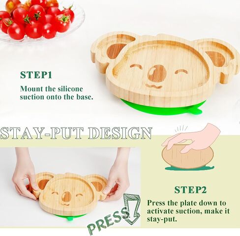 أطباق أطفال كوالا صغيرة رائعة من الخيزران من تشيانليير مع كوب شفط من السيليكون وملعقة وشوكة - مجموعة أطباق خشبية مقسمة للأطفال الصغار للفطام بقيادة الطفل - مستلزمات تغذية خالية من مادة BPA وغير سامة (أخضر) in Kuwait
