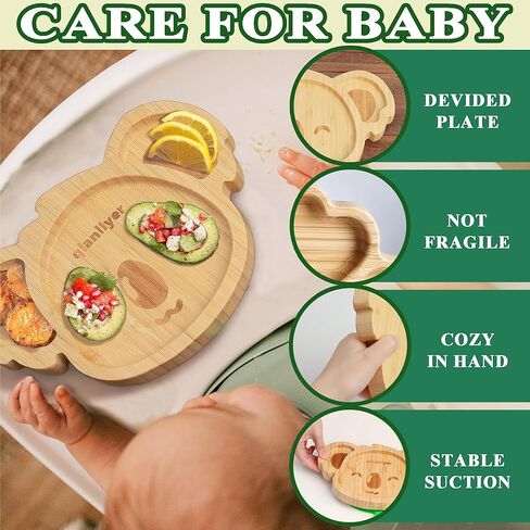 أطباق أطفال كوالا صغيرة رائعة من الخيزران من تشيانليير مع كوب شفط من السيليكون وملعقة وشوكة - مجموعة أطباق خشبية مقسمة للأطفال الصغار للفطام بقيادة الطفل - مستلزمات تغذية خالية من مادة BPA وغير سامة (أخضر) in Kuwait