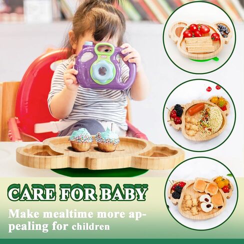 أطباق أطفال كوالا صغيرة رائعة من الخيزران من تشيانليير مع كوب شفط من السيليكون وملعقة وشوكة - مجموعة أطباق خشبية مقسمة للأطفال الصغار للفطام بقيادة الطفل - مستلزمات تغذية خالية من مادة BPA وغير سامة (أخضر) in Kuwait