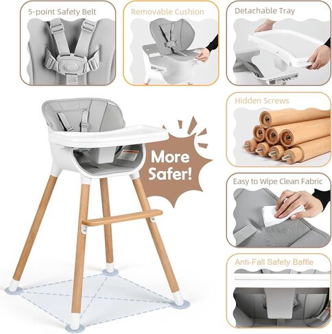 كرسي مرتفع للأطفال من Cowiewie، تصميم حديث، كرسي مرتفع للأطفال الرضع والأطفال الصغار، قابل للإزالة في غسالة الأطباق وصينية آمنة قابلة للتعديل، وسادة أمان قابلة للإزالة مصنوعة من الخشب الصلب الأنيق والجلد الفاخر in Kuwait