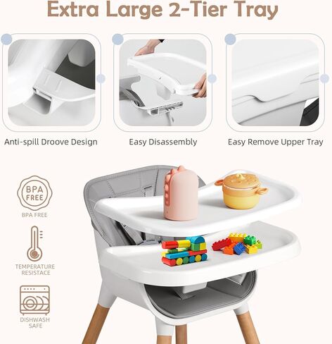 كرسي مرتفع للأطفال من Cowiewie، تصميم حديث، كرسي مرتفع للأطفال الرضع والأطفال الصغار، قابل للإزالة في غسالة الأطباق وصينية آمنة قابلة للتعديل، وسادة أمان قابلة للإزالة مصنوعة من الخشب الصلب الأنيق والجلد الفاخر in Kuwait