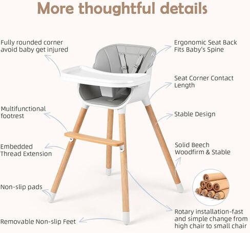 كرسي مرتفع للأطفال من Cowiewie، تصميم حديث، كرسي مرتفع للأطفال الرضع والأطفال الصغار، قابل للإزالة في غسالة الأطباق وصينية آمنة قابلة للتعديل، وسادة أمان قابلة للإزالة مصنوعة من الخشب الصلب الأنيق والجلد الفاخر in Kuwait