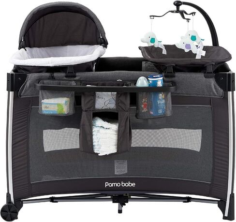 Pamo Babe 4 in 1 Baby Playards with Bassinet, Portable Crib with Toy Mobile | 4-in-1 multifunctional playard with detachable bassinet, Portable Crib with Toy Mobile toddler play and multiple daily needs in Saudi Arabia