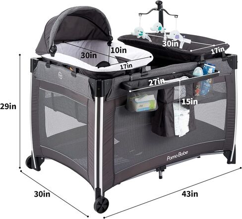 Pamo Babe 4 in 1 Baby Playards with Bassinet, Portable Crib with Toy Mobile | 4-in-1 multifunctional playard with detachable bassinet, Portable Crib with Toy Mobile toddler play and multiple daily needs in Saudi Arabia