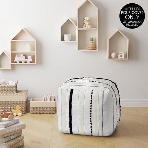 تصميمات Sweet Jojo أسود وأبيض بوهو رث شيك مخطط غطاء وسادة عثمانية محايد غير محشو أرضية مسند للقدمين مربع مكعب تخزين غرفة حضانة الطفل خطوط المزرعة البوهيمية الجنوبية الغربية in Kuwait