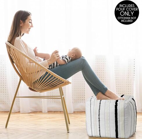 تصميمات Sweet Jojo أسود وأبيض بوهو رث شيك مخطط غطاء وسادة عثمانية محايد غير محشو أرضية مسند للقدمين مربع مكعب تخزين غرفة حضانة الطفل خطوط المزرعة البوهيمية الجنوبية الغربية in Kuwait