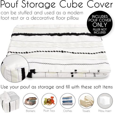 تصميمات Sweet Jojo أسود وأبيض بوهو رث شيك مخطط غطاء وسادة عثمانية محايد غير محشو أرضية مسند للقدمين مربع مكعب تخزين غرفة حضانة الطفل خطوط المزرعة البوهيمية الجنوبية الغربية in Kuwait