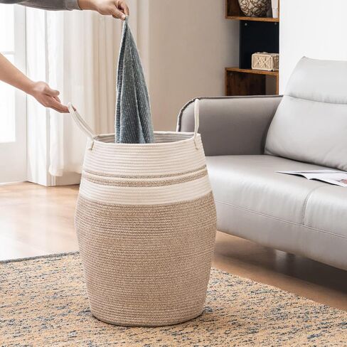 Large Laundry Basket Hamper Woven Blanket Basket Clothes Hamper | 105L Tall Clothes Hamper, Rope Wicker Laundry Basket, Storage Basket for Toys, Dirty Cothes in Bedroom, Living Room Organizer in Kuwait