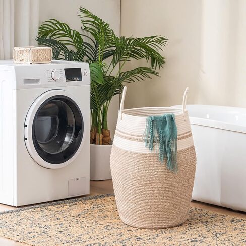 Large Laundry Basket Hamper Woven Blanket Basket Clothes Hamper | 105L Tall Clothes Hamper, Rope Wicker Laundry Basket, Storage Basket for Toys, Dirty Cothes in Bedroom, Living Room Organizer in Kuwait