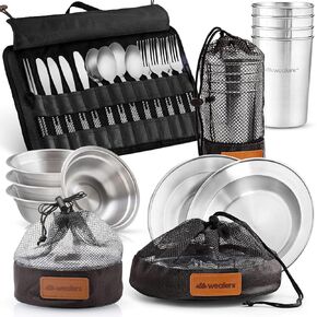 Wealers Unique Complete Messware Kit Polished Stainless Steel Dishes Set| Tableware| Dinnerware| Camping| Buffet| Includes - Cups | Plates| Bowls| Cutlery| Comes in Mesh Bags (4 Person Set)