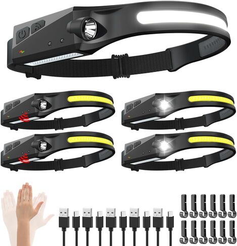 Rechargeable Headlamp 3PCS, 230° LED Head Lamp, Head Lights for Forehead | Motion Sensor, Bright Wide Beam, 5Mode Headband Light, Hard Hat Light, Headlight for Adults Mechanic Camping Essentials Gear in Kuwait