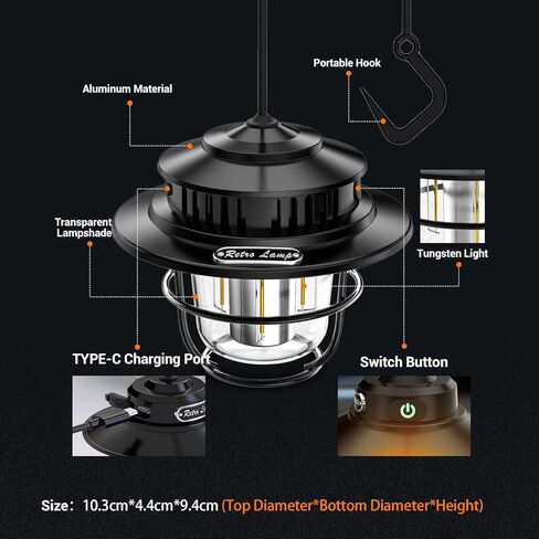 اف زي اتش فانوس تخييم LED قابل لاعادة الشحن، 4 اوضاع اضاءة قابلة للتعتيم بشكل لا نهائي، مصباح رترو معلق، يعمل بالبطارية بتصنيف IPX4 لمقاومة المياه والغبار، مصباح كهربائي محمول للخيمة الخارجية - عبوة in Kuwait