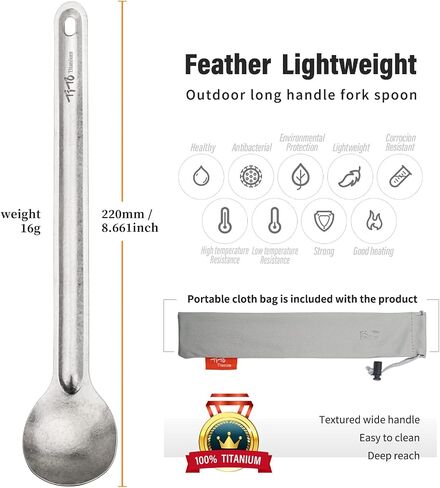 TiTo Titanium Long Handle Spork and Spoon Camping Portabale Flatware | Eco-Friendly Cutlery for Home Outdoor Ultralight Backpacking Hiking Travel Picnic Tableware with Bag(Sandblasting Spork) in Kuwait