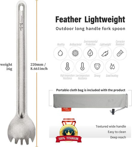 TiTo Titanium Long Handle Spork and Spoon Camping Portabale Flatware | Eco-Friendly Cutlery for Home Outdoor Ultralight Backpacking Hiking Travel Picnic Tableware with Bag(Sandblasting Spork) in Kuwait