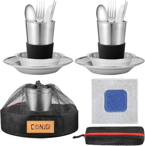 Outdoor Camping Mess Kit - 1 to 2 persons Camping Dishes Includes Cups, Bowls, Dishes, Knives, Forks, Spoons, Etc, Camping Dinnerware Set with Mesh Bag is Easy to Carry Camping Tableware Set in Saudi Arabia