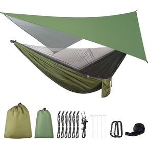 FIRINER Camping Hammock with Mosquito Net Rain Fly Heavy Duty Tree Strap Nylon Parachute Single Double Hammock Tent Waterproof Rainfly Set for Camping Backpacking Backyard Patio Hiking Travel Outdoor